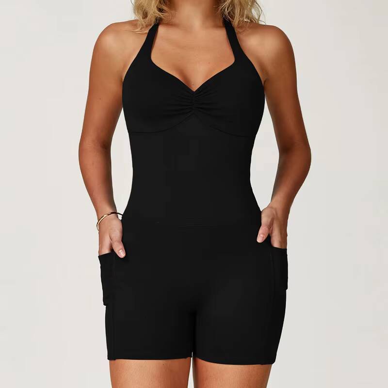 2025 New Design Halter Neck Sexy Back Women Jumpsuit Slim Fit Scrunch Butt Tummy Control Fitness Workout Playsuits With Pockets