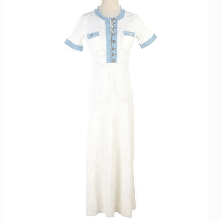 S family 2025 early spring French elegant denim splicing button round neck short sleeve commuting temperament French lady's daughter's dress