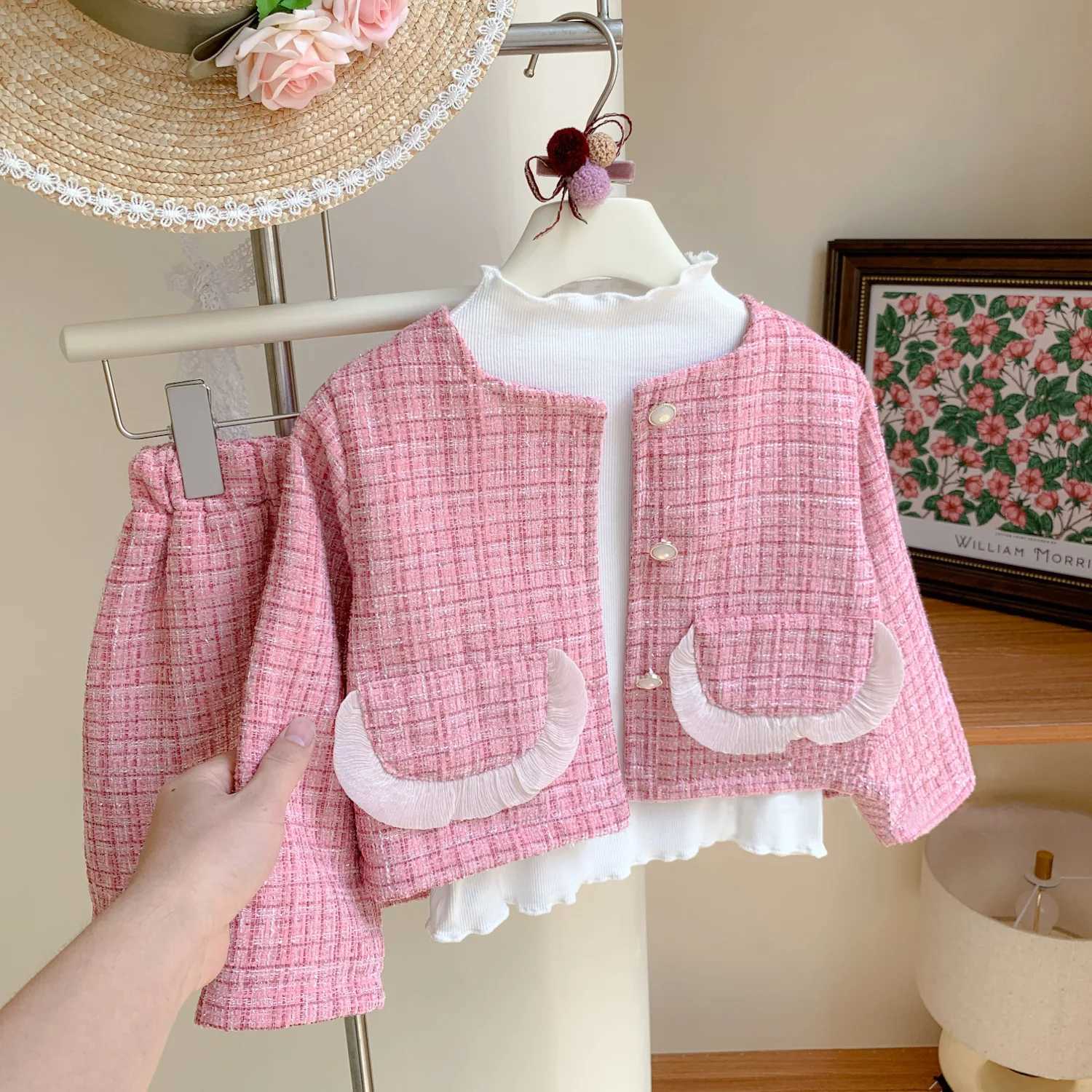 Girls Set Autumn 2022 New Lace Small Fragrant Woolen Coat Hip Wrap Dress Korean Two Piece Set L250926CNQY