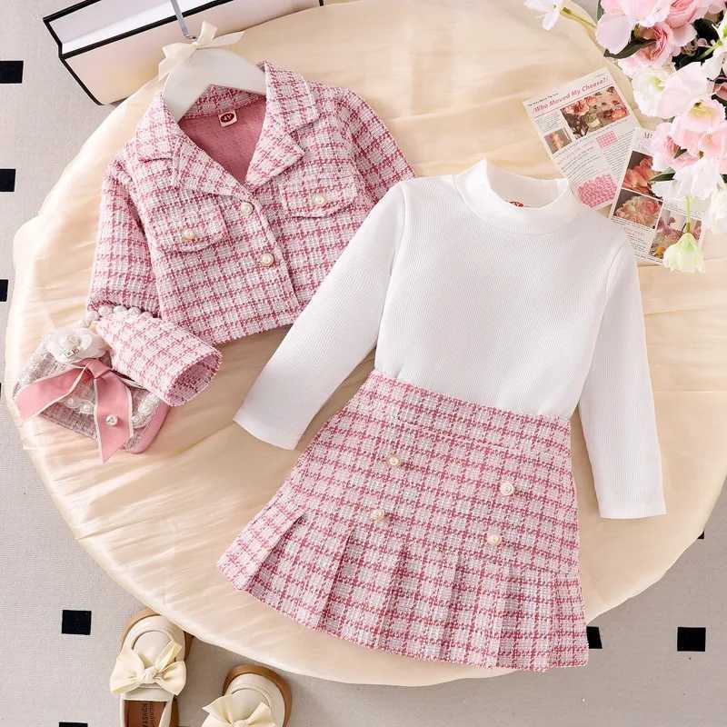 Children Toddler Kit Girls Small Fragrance Pink Plaid Suit Tweed Plaid Jacket Round Neck Pure Top Pleated Skirt Threepiece Set L250926VOAH
