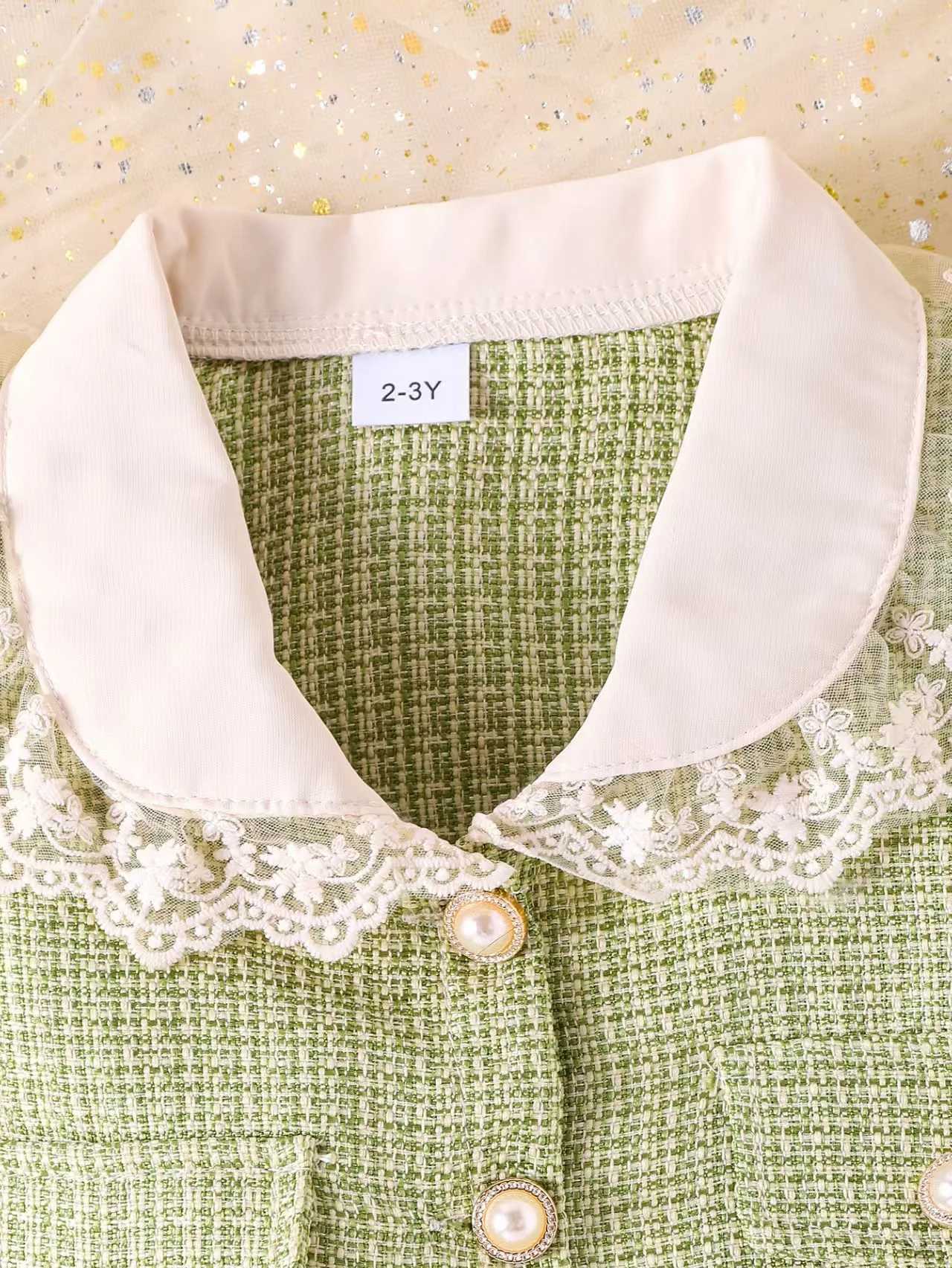 Prowow Children Winter Clothing Tweed Suit For Girls Lace Collar Green Coat and Bows Skirt 2pcs Girls Fashion Tweed Outfit Sets L25092699RU