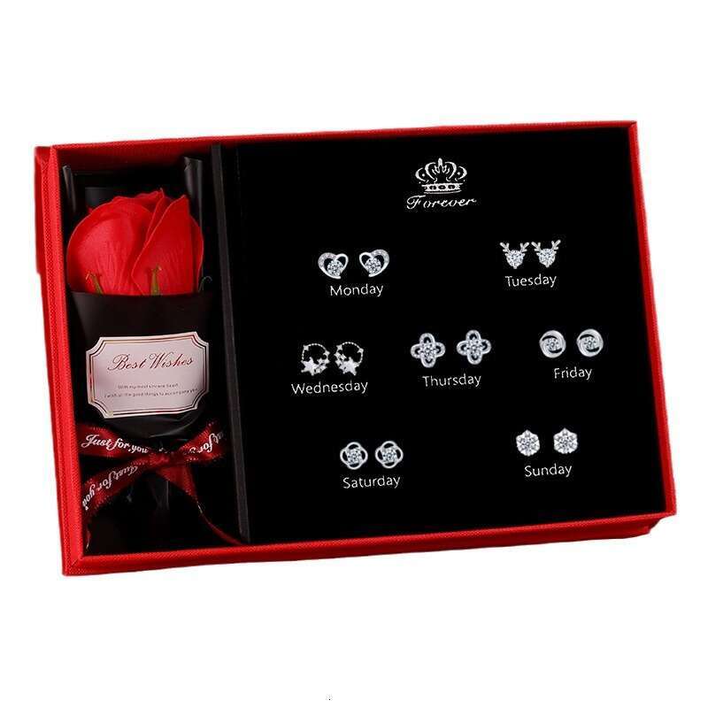 S Sier Needle Earring Set Sakura Star Light Weekly Earrings Qixi Valentine's Day Birthday Gift for Wife