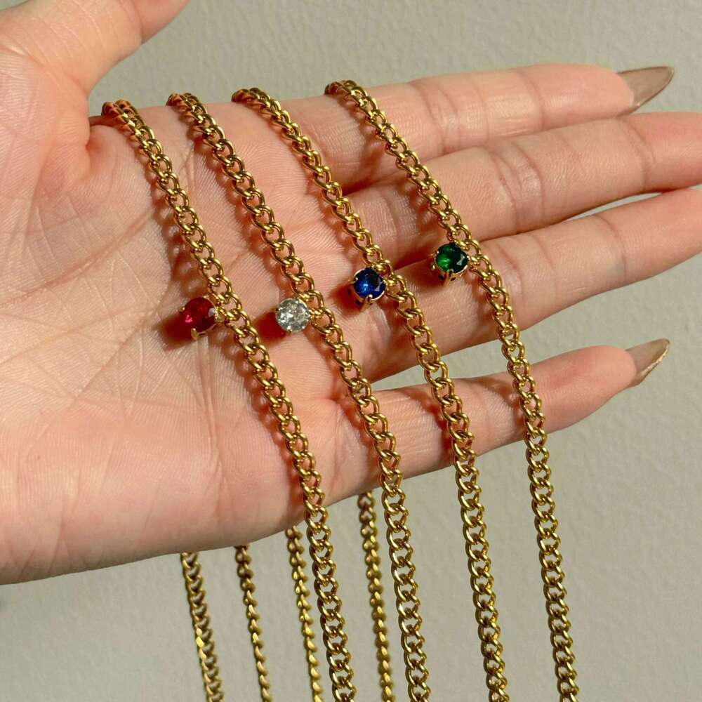 DASEIN New Pvd Gold Plated Colorful Round Zircon Cuban Chain Necklace Stainless Steel Jewelry for Women Girls