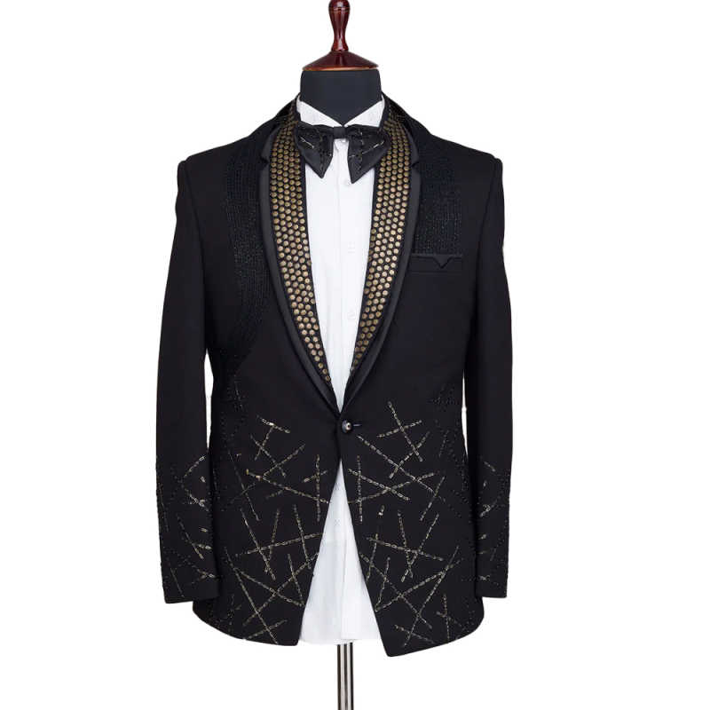 Luxury Men Suit 2 Pieces Jacket Pants Beaded Crystal Single Breasted Groom Wedding Tuxedos Party Business Customized