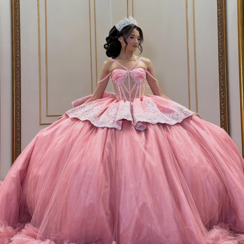 Pink Shiny Quinceanera Dresses Off The Shoulder Applique Lace Beading Crystal Corset Tiered Tull Party Birthday Sweet 16 Dress Vestidos 15 Anos