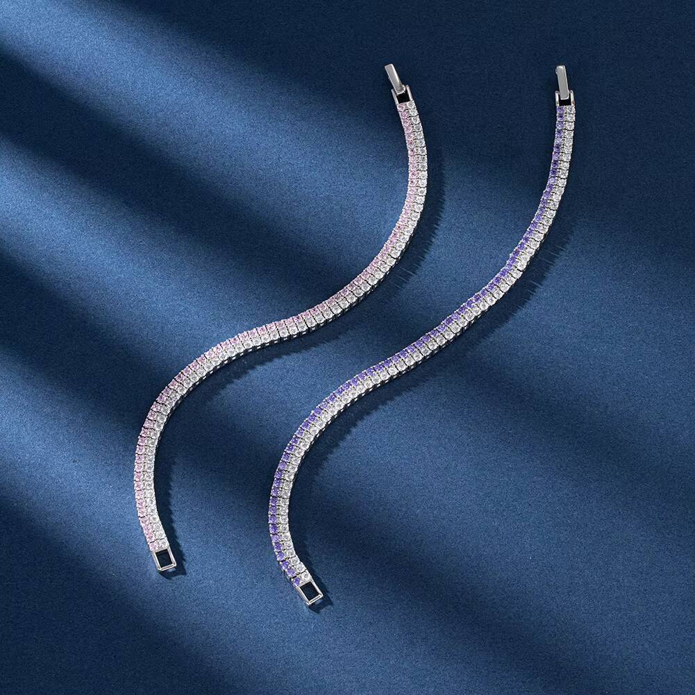 SB158 RINNTIN Rock 925 Silver Fine Jewelry 2 Rows 20mm Prong Setting Round Cut PinkWhite CZ Tennis Bracelet for Women