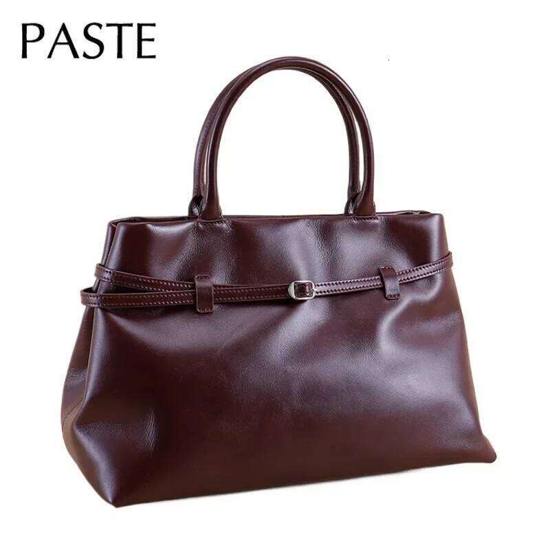 New Stylish Smooth High-End Waxy Cow Leather Large Travel Tote Commuter Underarm Bag Solid Color Cowskin Female Handbags