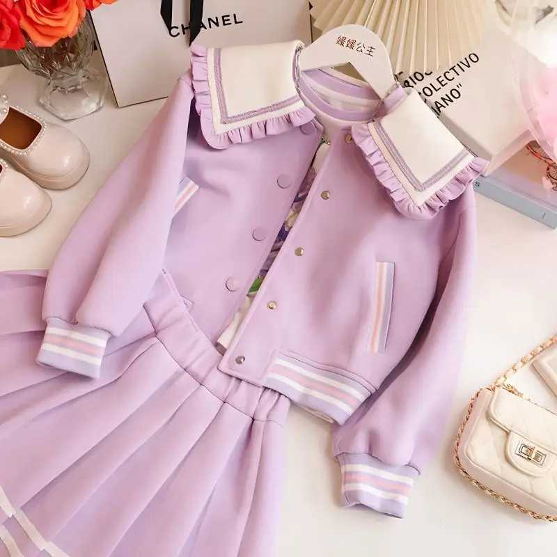 Childrens Clothing Sets Rabbit Embroidered Lapel Coat Pleated Skirt 2pcs Sets Kids Clothes Girls Clothes Set 4 To 15 Years L250926RCZH