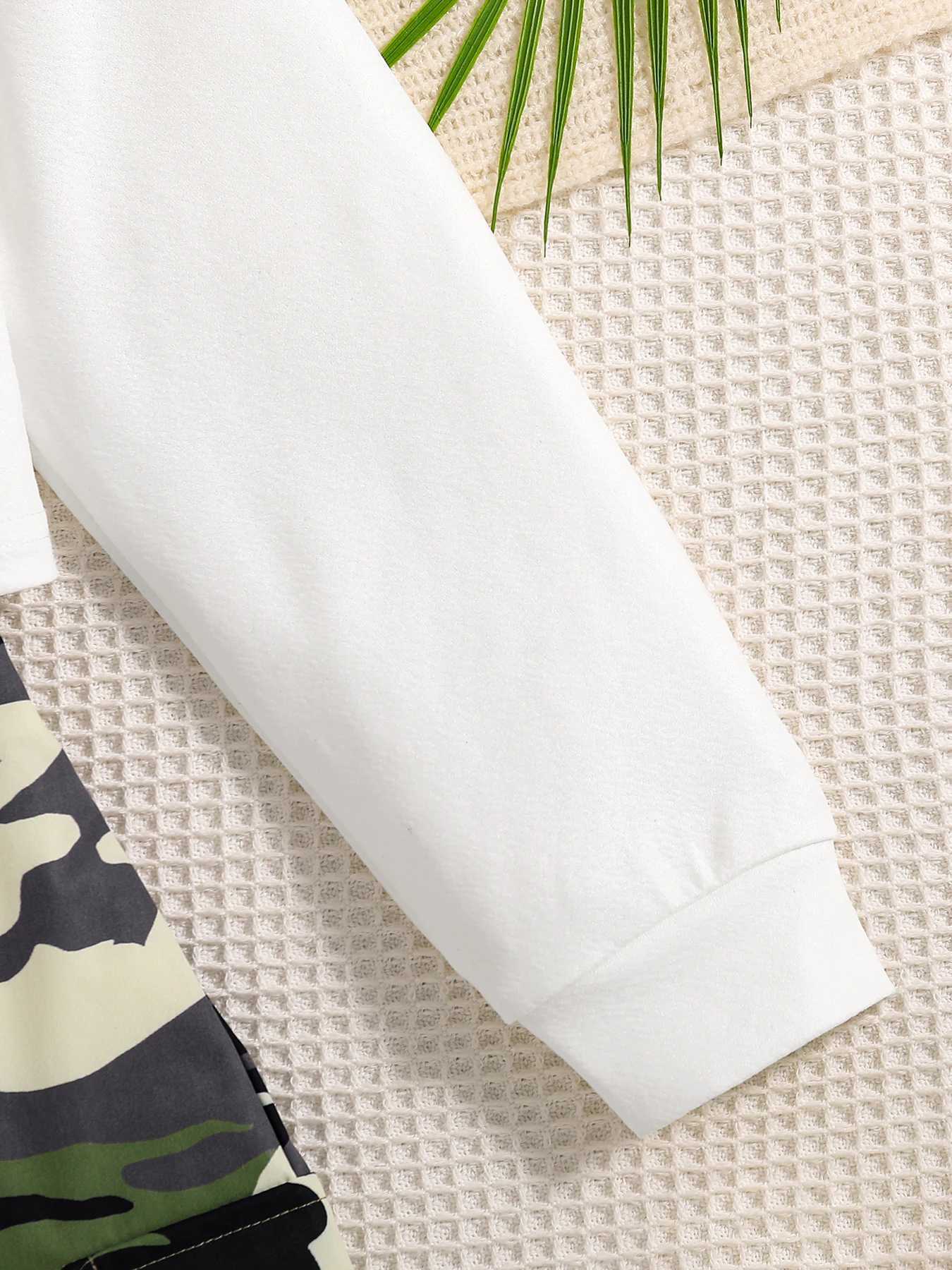 Girls 2Piece Fashion Set Spring Autumn White LetterPrinted Knitted round Neck Long Sleeve Top Camouflage Skirt Ensemble L250926X64Q