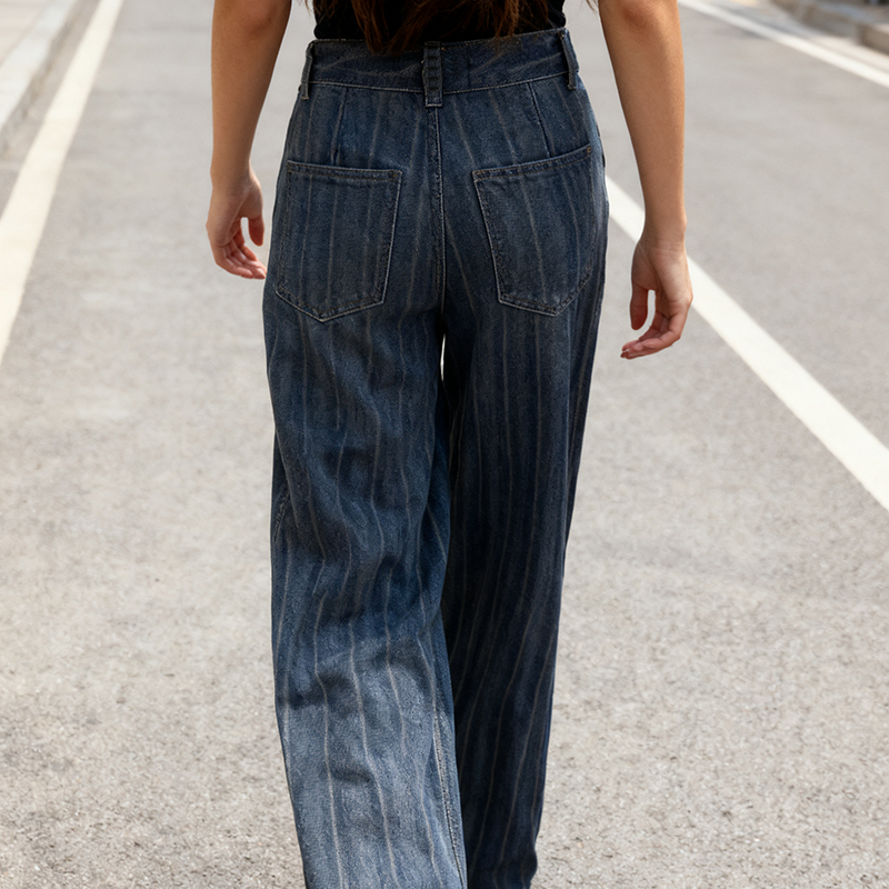 Women's Jeans Women's Casual Striped Denim Wide-Leg Pants High-Waisted Slimming Straight-Leg Loose Retro Washed Jeans Trousers CK002