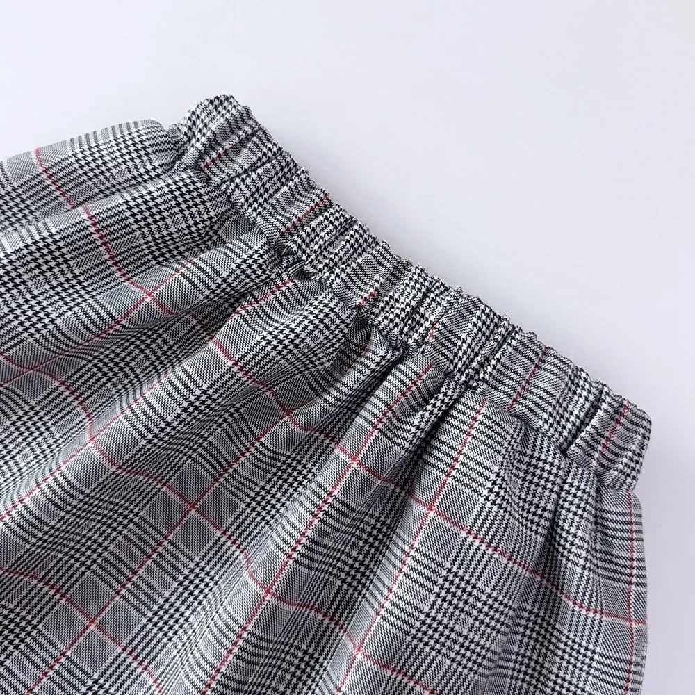 2024 Autumn New Fashion Girls Set Blue Big Collar Top Retro Checkered Short Skirt Two Piece Suit Autumn Childrens Clothing L250926352J