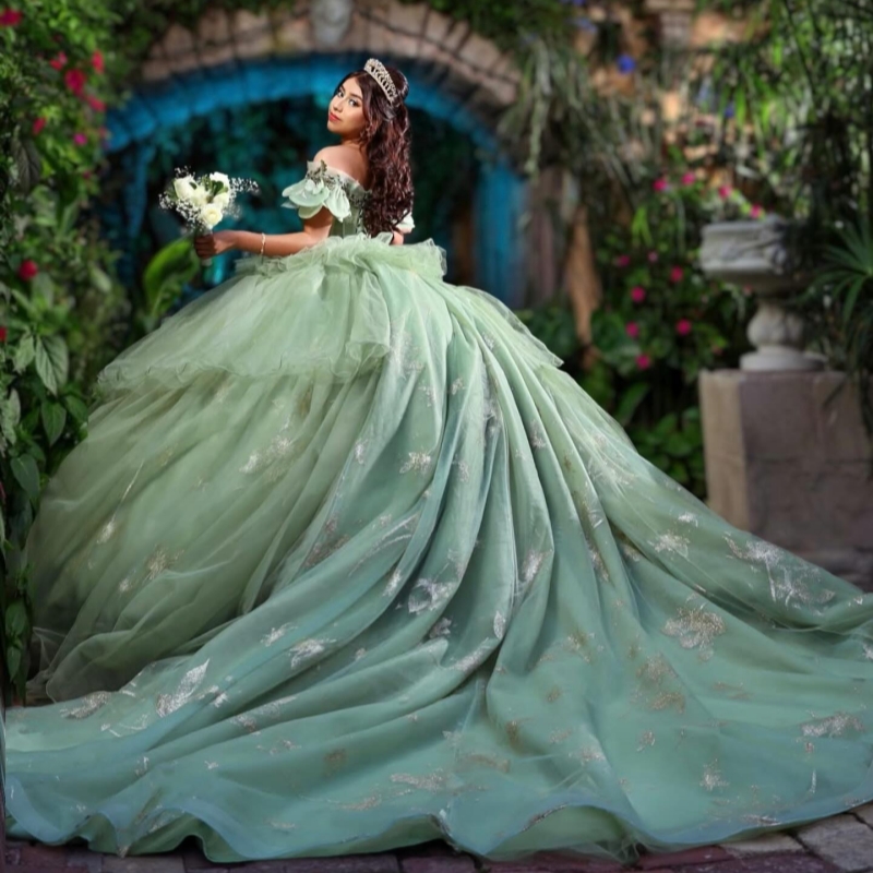 Sage Green Shiny Quinceanera Dresses Off The Shoulder Sequin Applique Lace Beads Corset Tull Party Birthday Sweet 16 Dress Vestidos 15 De Anos