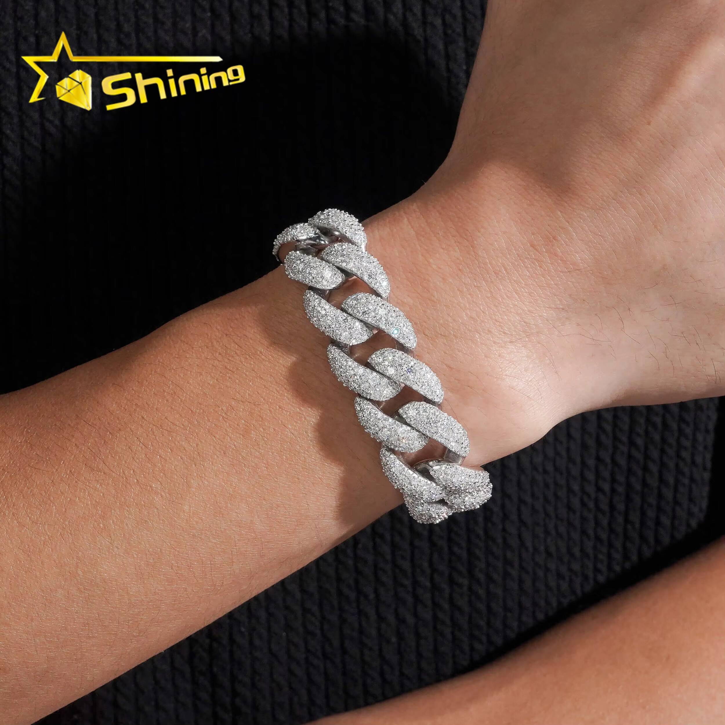 Pass Diamond Tester 925 Sterling Silver Hip Hop 18mm Mosaic Set Moissanite Cuban Link Bracelet