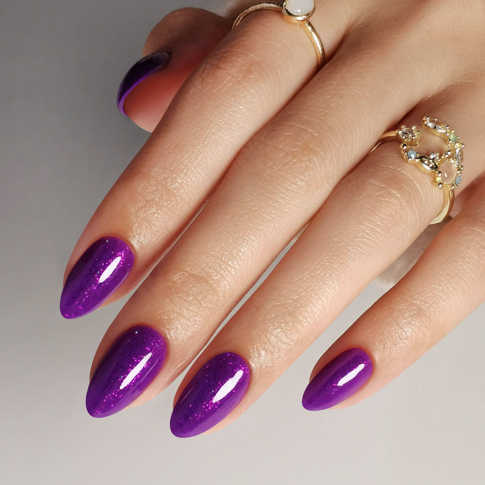 Purple Glitter Studded Almond Short Nails with Shiny Diamonds - Soft Gel Gloss Press - on Nails, 16 Sizes - 32 Reusable Nails