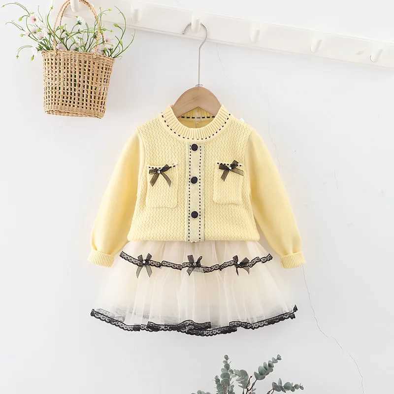 Children Sweater Set Korean Autumn Winter 2025 New Girls Sweet Bow Knitted Top Mesh Skirt Two Piece Set L2509263HZY