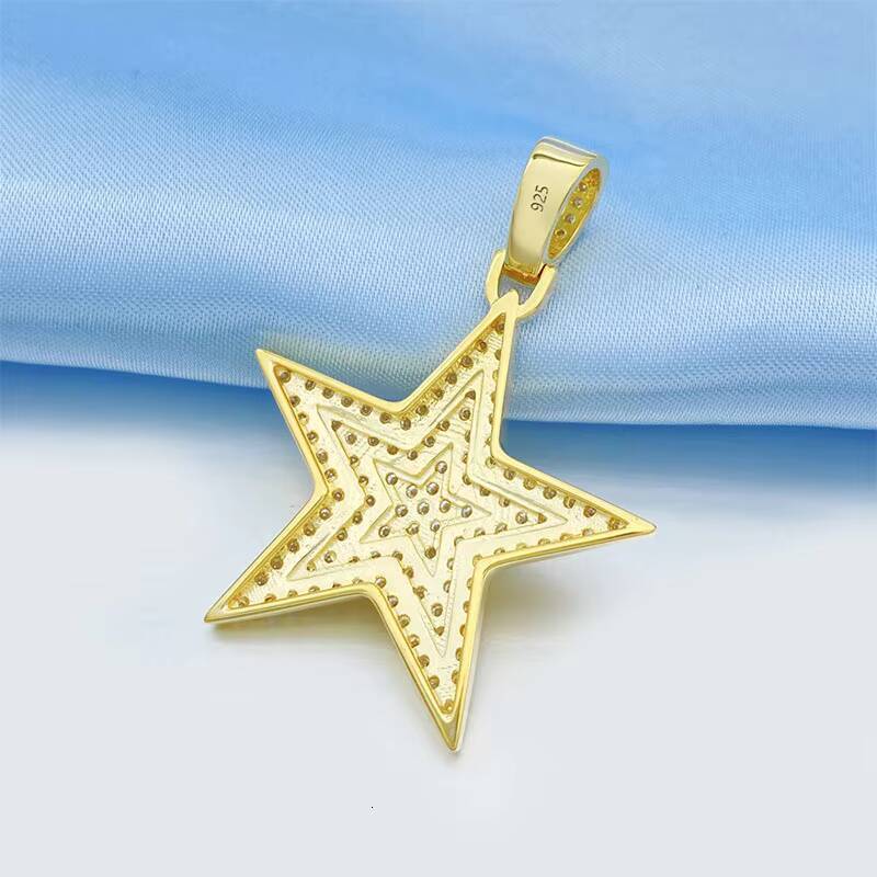 New S925 Sterling Silver Inset Moissanite Shiny Pentagon Star Necklace INS Hipster Cool Hip Hop Pendant