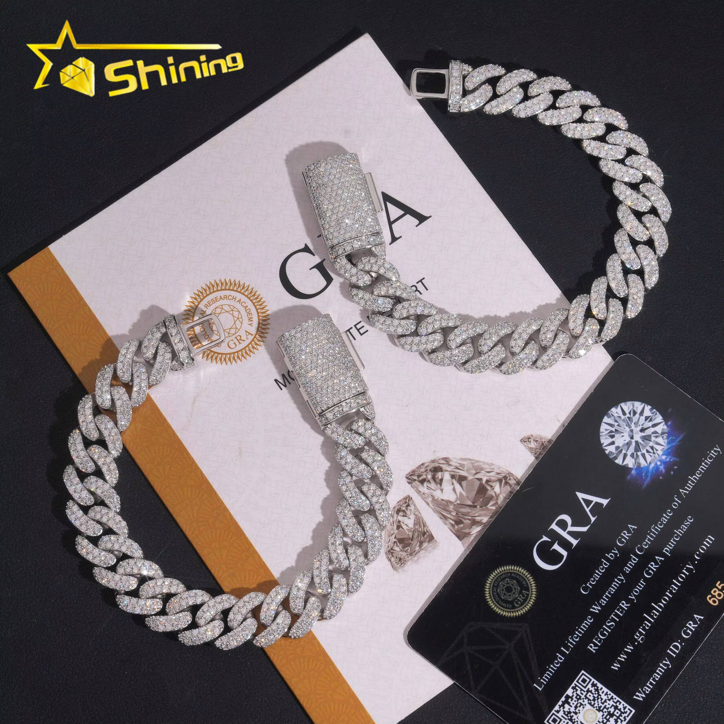Hip Hop 12mm 2 Rows VVS Iced Out Moissanite Cuban Link Bracelet Custom High Quality 925 Silver Bracelet for Men Women