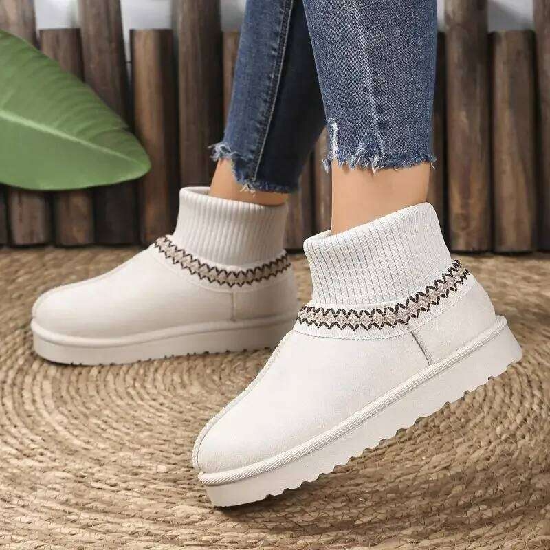 Classic Suede Non Slip Snow Women Winter Soft Thick Bottom Cotton Ankle Boots Warm Plush Embroidery Decoration Shoes