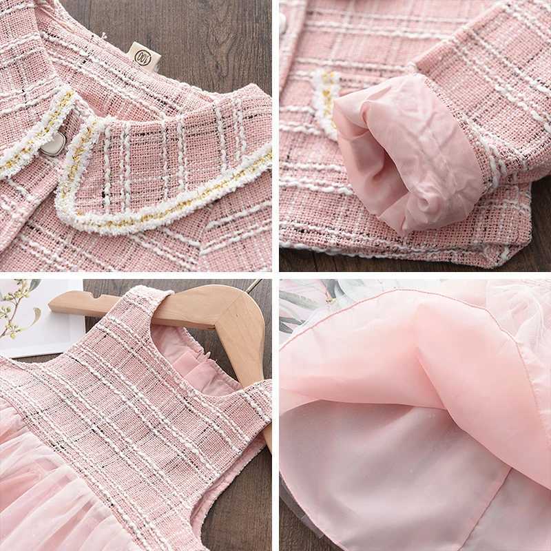 Korean Version Fashion Autumn and Winter New Girls Suit Flip Collar Checkered Long Sleeve CoatVest Mesh Dress Two Piece Set L250926JCCA