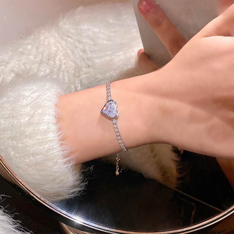 Silver - Toned Heart - Shaped Crystal Bracelet With Dainty Zircon Chain Delicate Daily & Romantic Jewelry Gift For Her High - Quality And Sparkling Ac