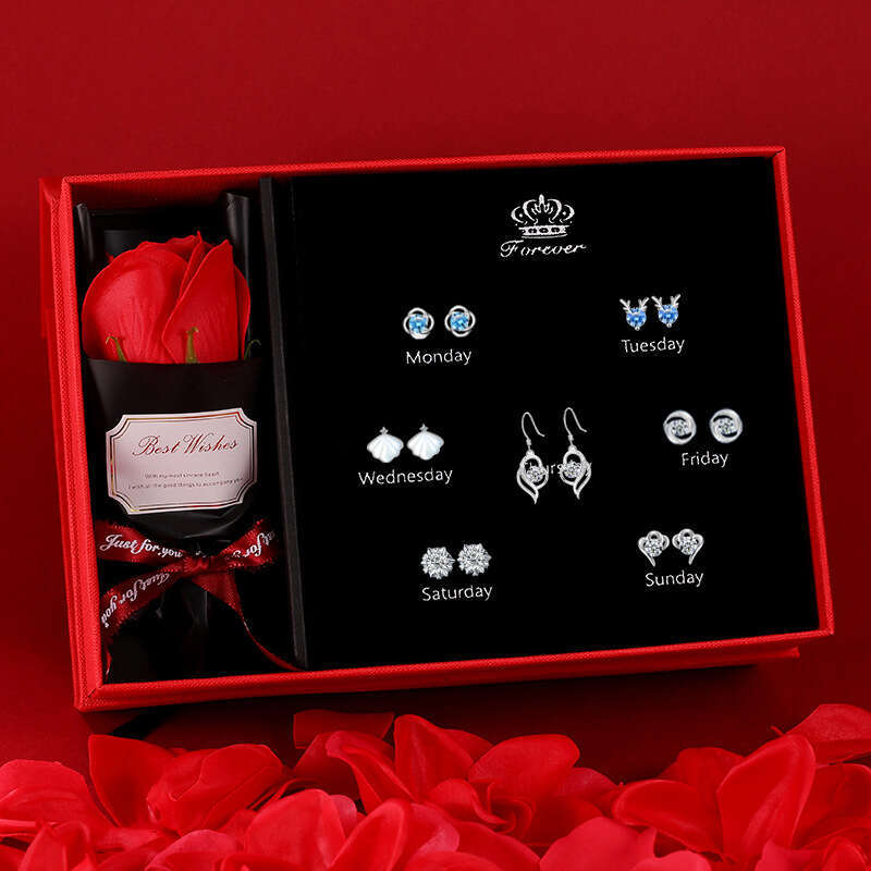 S Sier Needle Earring Set Sakura Star Light Weekly Earrings Qixi Valentine's Day Birthday Gift for Wife