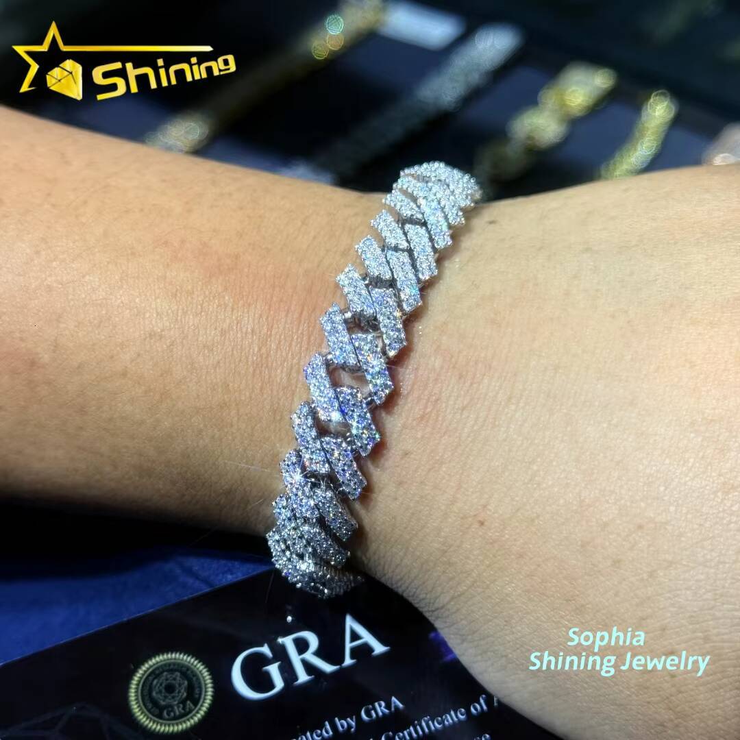 New Stocks 12mm 925 Silver Cuban Link Chain Hip Hop Jewelry Men Iced Out Moissanite Diamond Cuban Bracelet