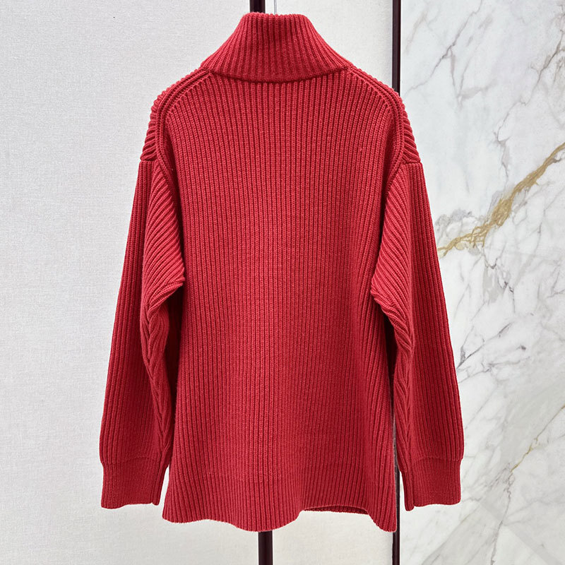 Retro Y2K Designer Luxury Women's Dual Pocket Wool Knit Coat Trendy Simple Drop Shoulder Long Sleeve Zip Up Red Dark Khaki Paris Runway Warm Chic