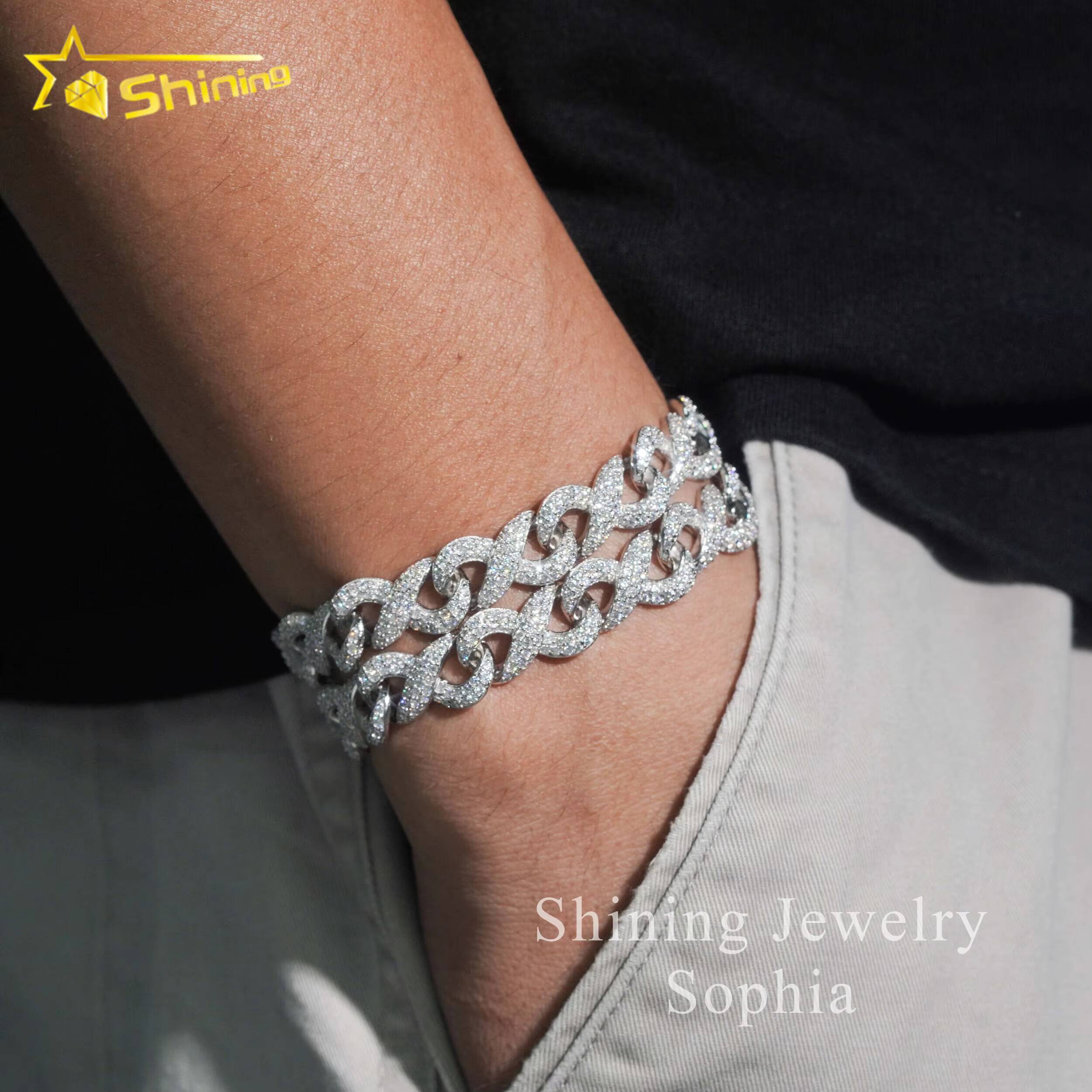 Pass Diamond Tester New Design Fine Jewelry White Gold Plated Moissanite Diamond Cuban Link Bracelet With Brilliant Cut Stones