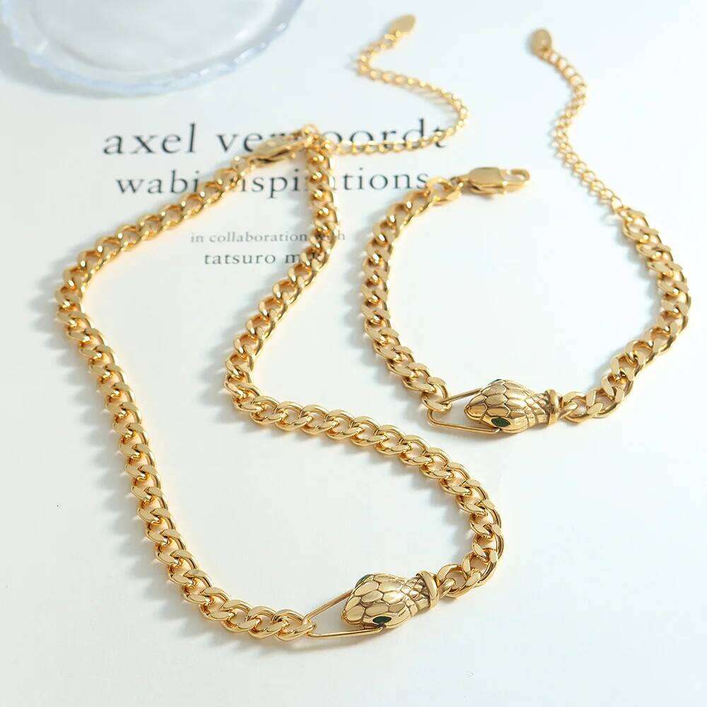 Nivora Trendy Stainless Steel Jewelry Sets Cuban Chain Snake Head Zircon Bracelet Necklace For Women Men Gold Plated Jewellery