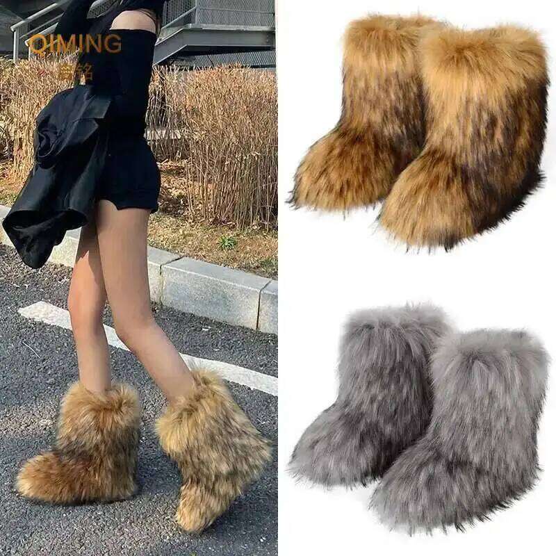 Women Faux Fur Winter Fluffy Plush Warm Mid Calf Snow Fashion Furry Boots Comfortable Outdoor Flat Shoes