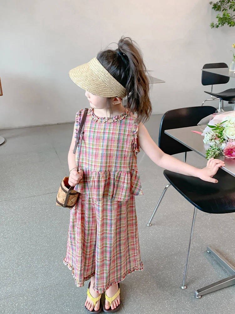 2025Girls Summer Sleeveless Wooden Ear Color Fashionable Plaid TwoPiece Set 250922