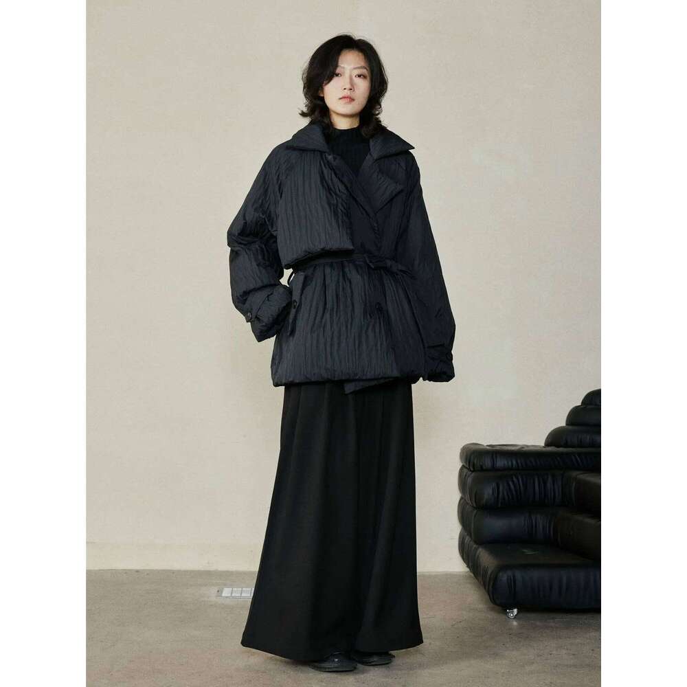 90 White Duck Niche Design Feels Pleated With Fabric Waist Tied Short Down Jacket Thickened Warm Coat