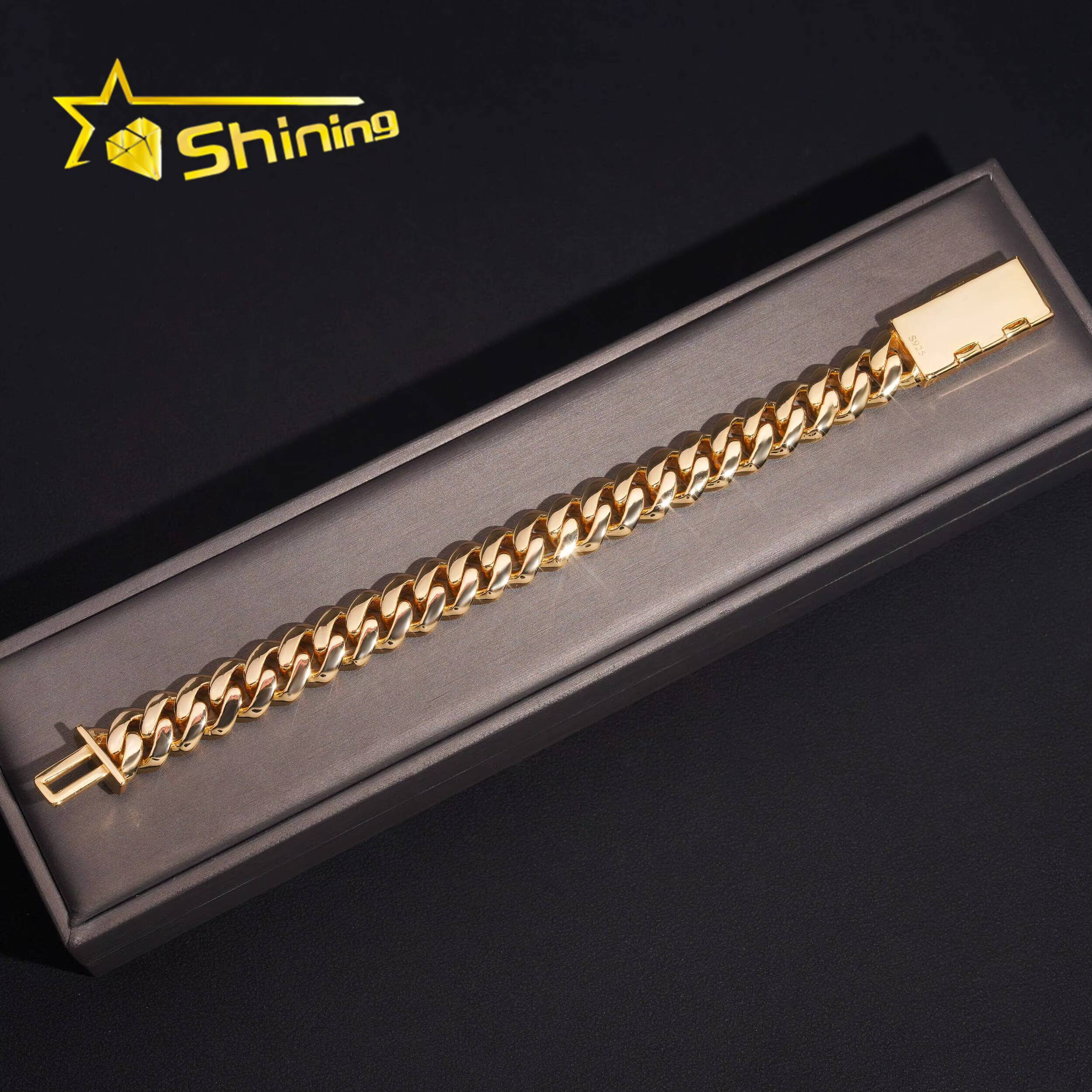 Hip Hop Jewelry Gold Plated 12mm Plain Cuban Bracelet with Moissanite Clasp Custom 925 Silver Bracelet for Men