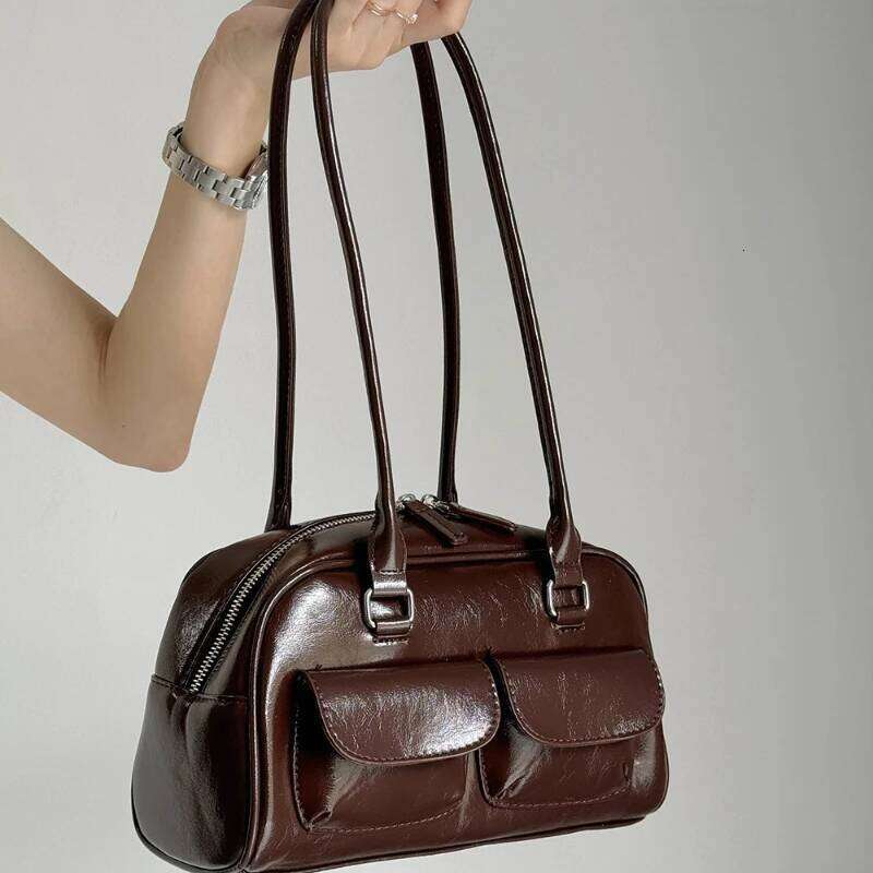 Large Capacity Brown Bowling Handbag Women's Shoulder Retro Korean INS Style Autumn Winter New 2025 Fashion Trend Bag