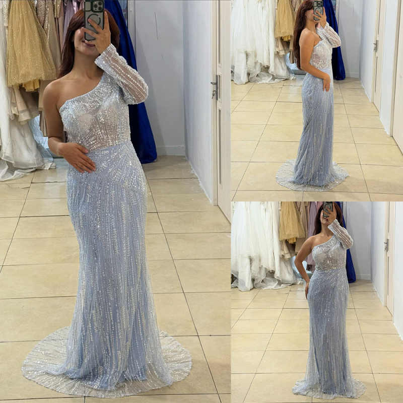 Stylish Sequins Mermaid Evening Dress One Shoulder Long Sleeve Prom Gowns Exquisite Floor Length Formal Dresses Customized