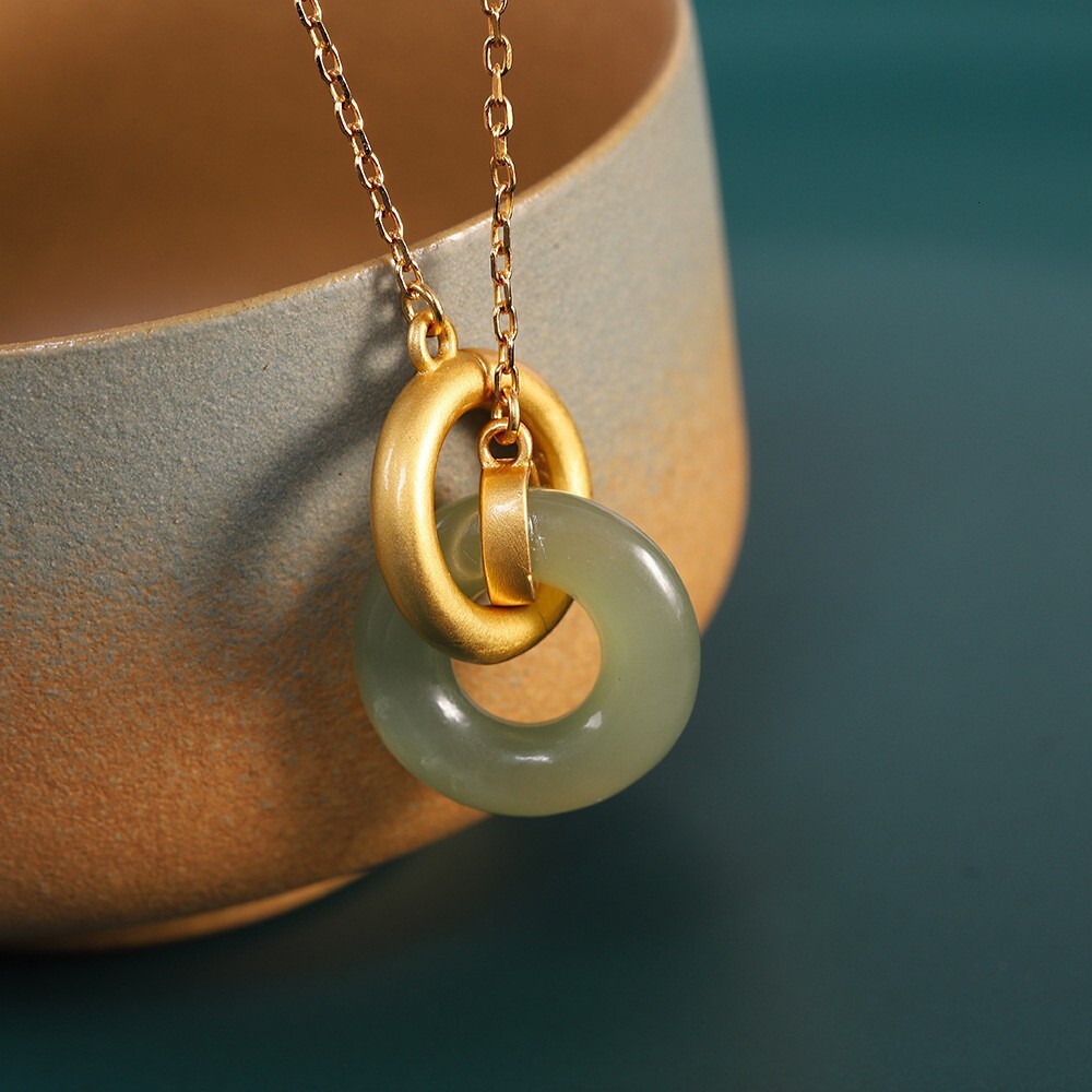 Natural Hetian Green Jade Necklace Fashionable Fresh Style Sier Jewelry Gold-Plated Interlocking Rings