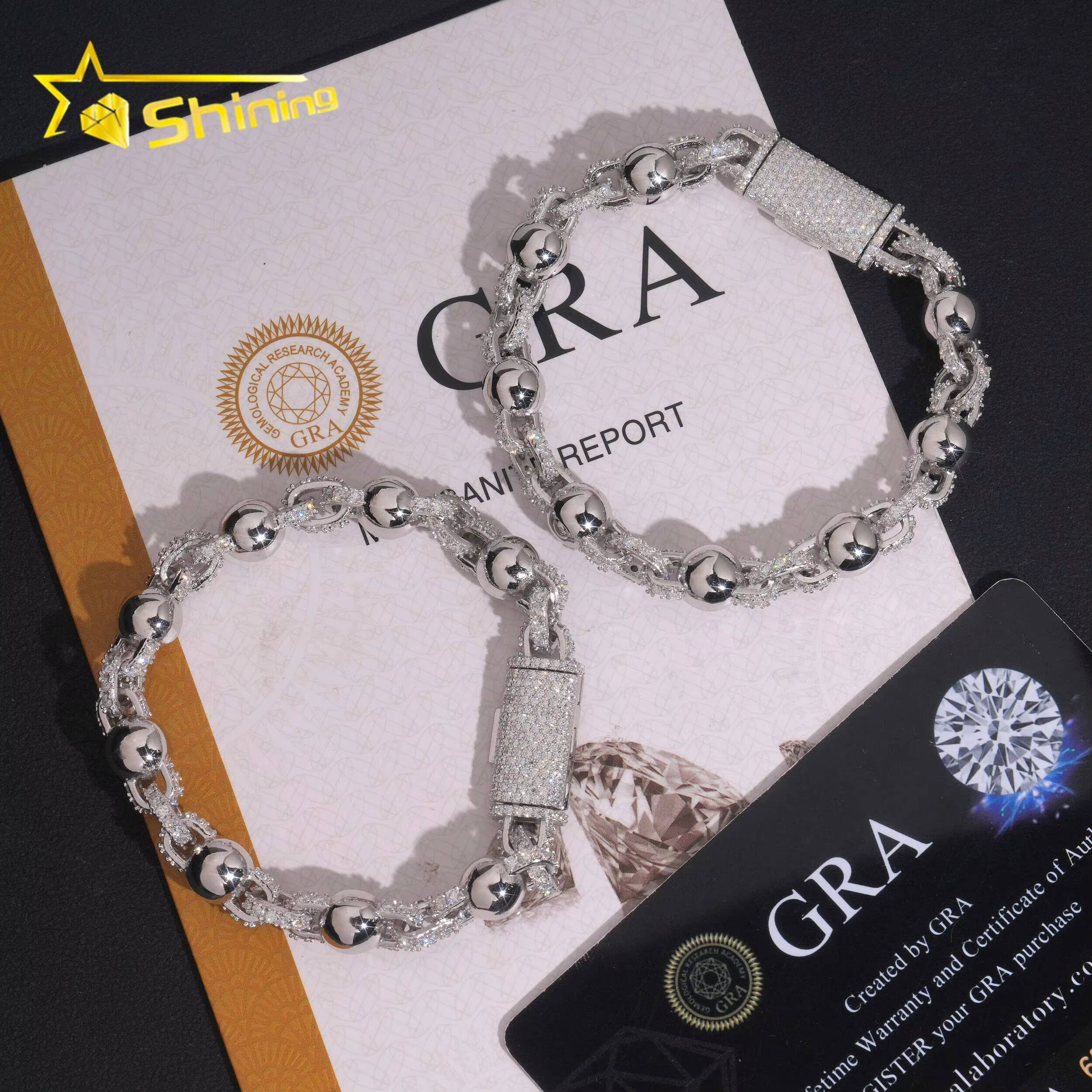 GRA Certificate 925 Sterling Silver Pass Diamond Tester Moissanite Bead 8mm Hip Hop Bracelet