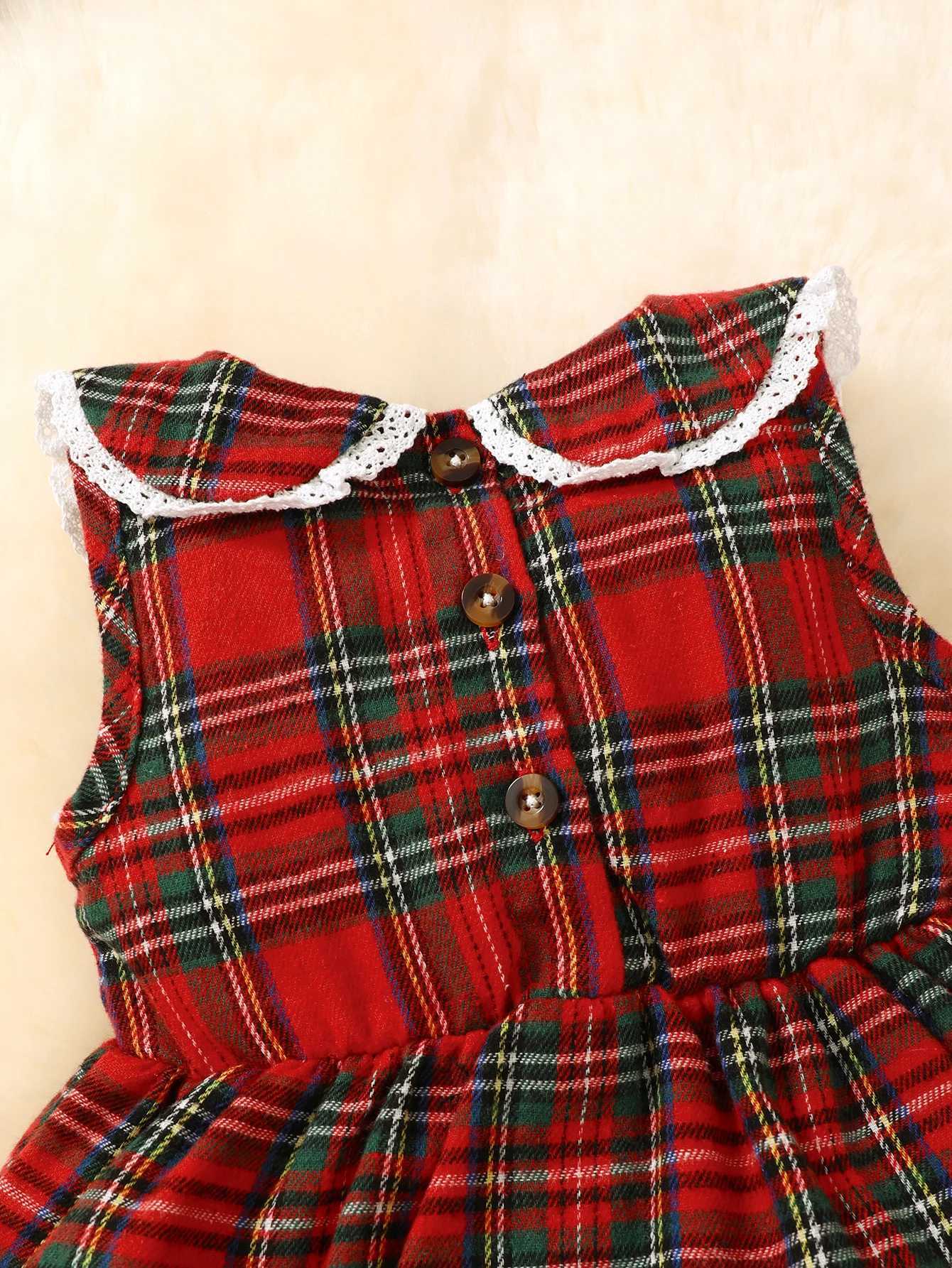 Christmas Baby Girl Set Doll Collar Flip Collar Checkered DressKnitted Cardigan Coat Lace Casual Cute Two Piece Set L250926XD4X