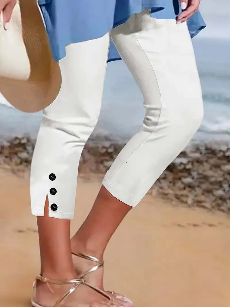 2025 Cross border Summer Mid waist Elastic Solid Color Seven point Pants Tight Fashion Sexy Button up Casual for Women 250819e