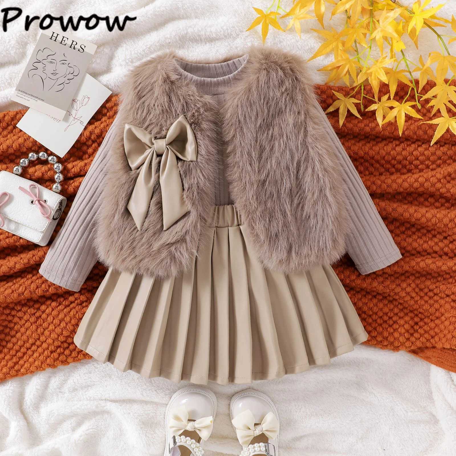 Kids Winter Clothes Elegant Sets For Girls 3pcs Bow Fluffy Warm WaistcoatKnitted TopPU Leather Skirts Children Outfits Sets L250926FYMR