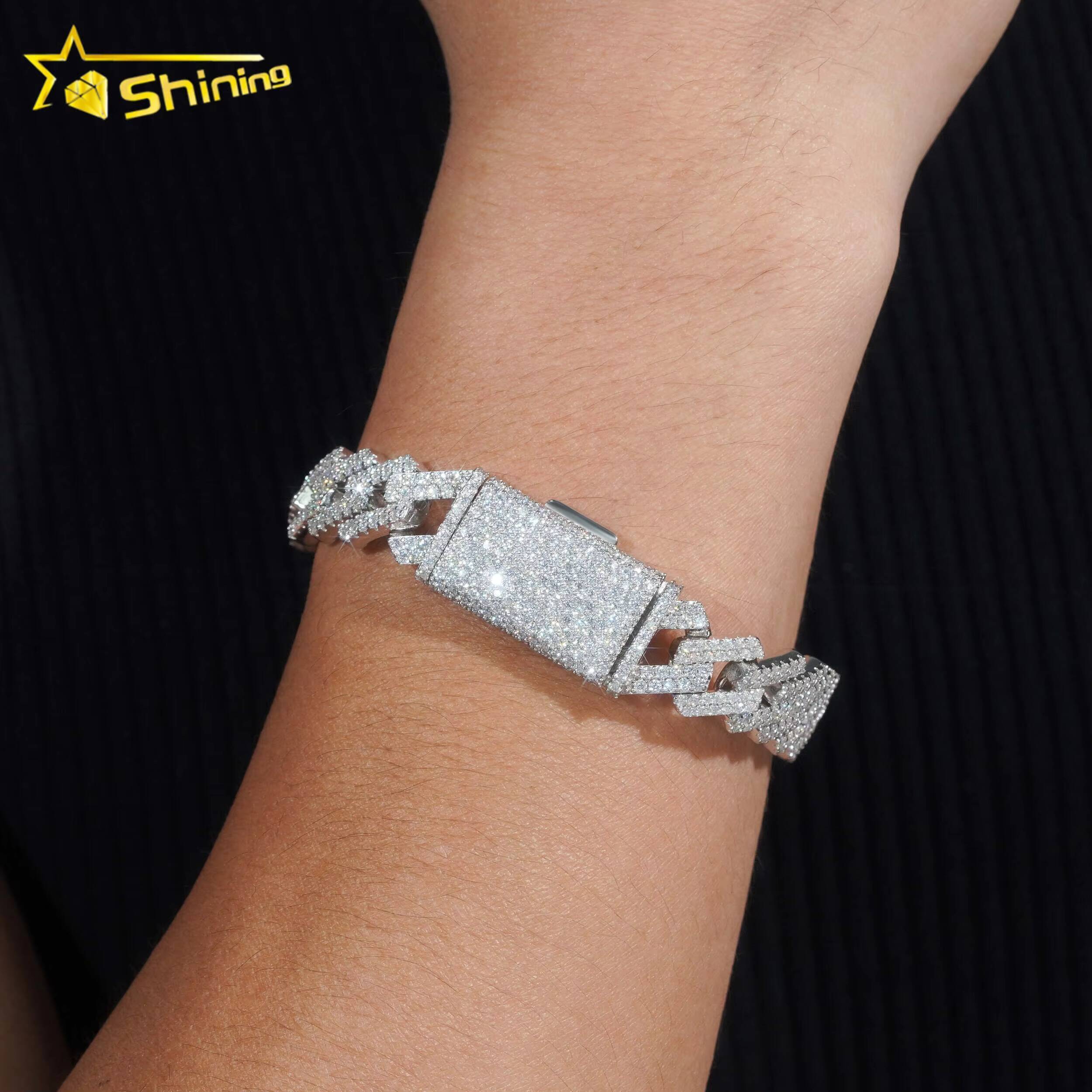 Trendy Two Rows 14mm Moissanite Bracelet 925 Sterling Silver Hip Hop Fine Jewelry Vvs Moissanite Diamond Cuban Link Bracelet Men