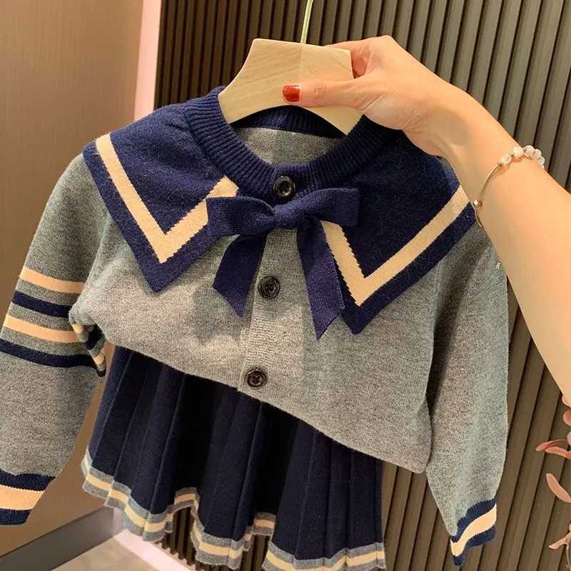 Spring and Autumn Girls College Style Set New Childrens Knitted Cardigan CoatHalf Skirt Two Piece Set L25092651YH