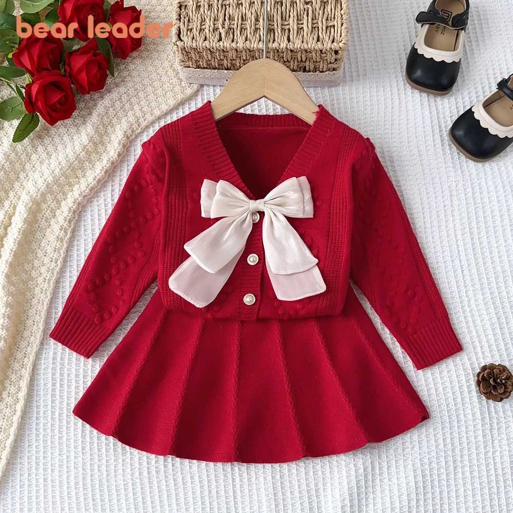 Bear Leader Red New Year Christmas Winter Set Vneck Bow Sweater Toppleated Aline Skirt 2piece Sets Kids Clothes Girls L2509268Z9D