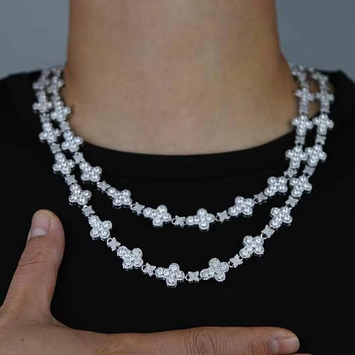 USA Trendy 10mm Iced Moissanite Flower Tennis Chain Necklace Cross Star Diamond Cuban Link for Men Women Hip Hop Jewelry for