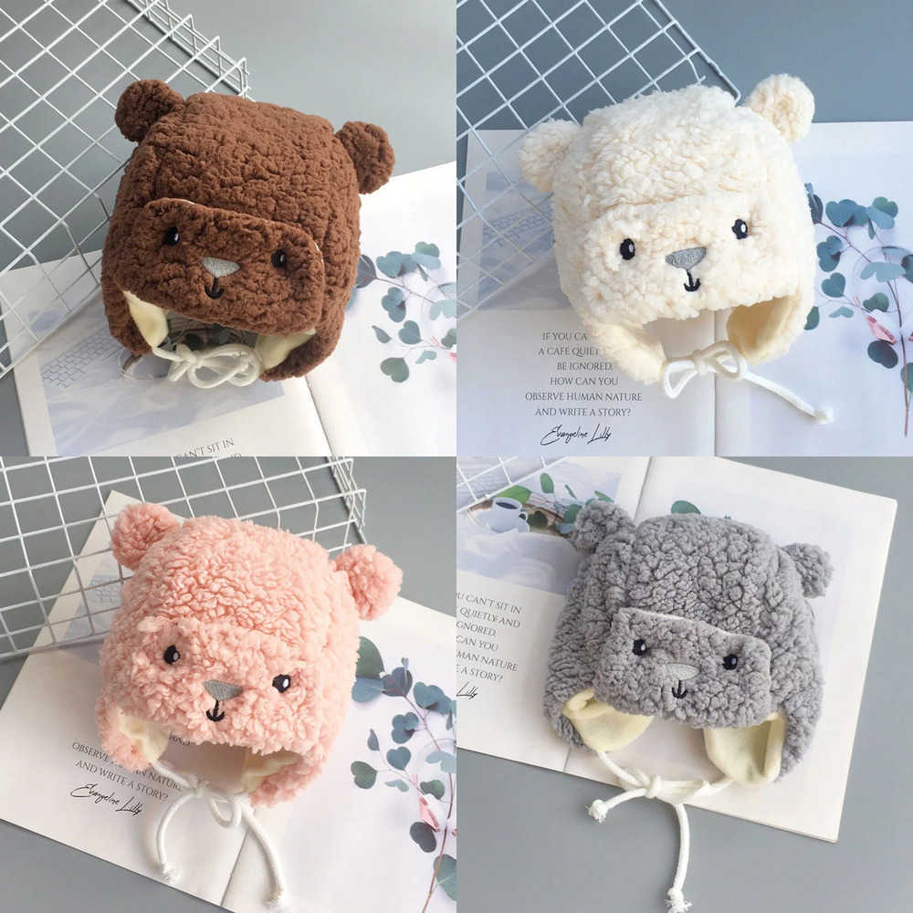 Cute Bear Baby Plush Hat Winter Warm Polar Fleece Ear Protection Cap for Boy Girl Solid Color Cartoon Kids Earflap Hats L250925N8FL