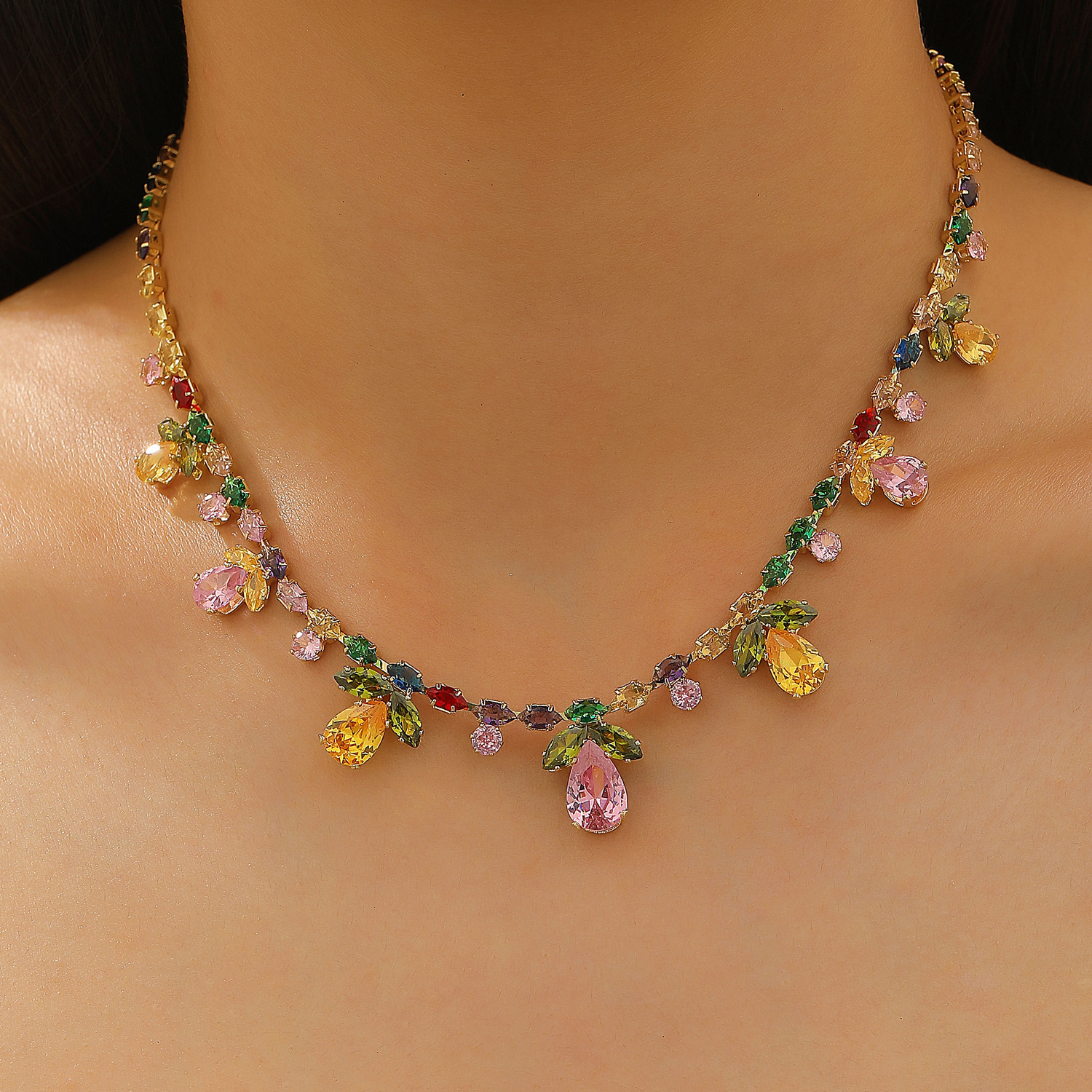 Colorful Zircon Water Drop Leaf Necklace Heavy Craft High-End Clavicle Chain Fashion Evening Dress Jewelry Set For Women