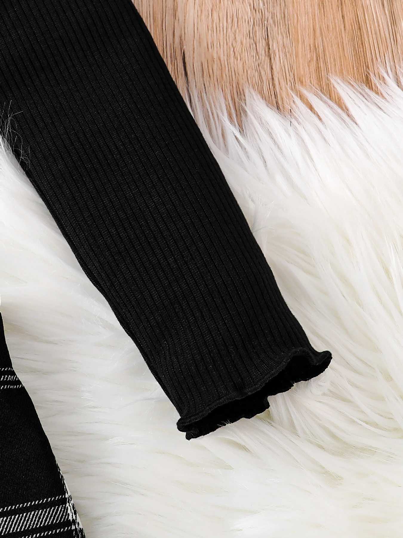 Girls spring new childrens fashion casual clothing knitted crewneck longsleeved top asymmetrical plaid skirt 2piece set L250926HNCY