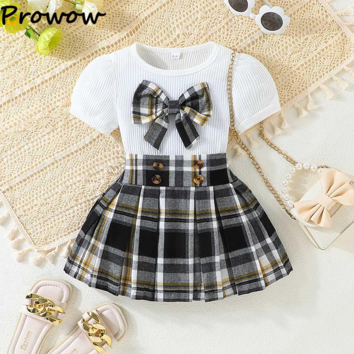 Prowow 37Y Girl School Outfits Short Sleeve Front Bowknot Tshirt and High Waist Plaid Skirt 2pcs Sets For Children Clothing L2509269IF7