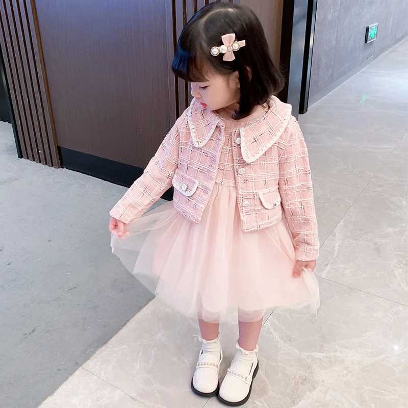 80130cm Girls Dress Set 2025 SpringSummer New Childrens Elegant Style Jacket Princess Layer Dress Two Piece Outfit TR413 L250926PYY9