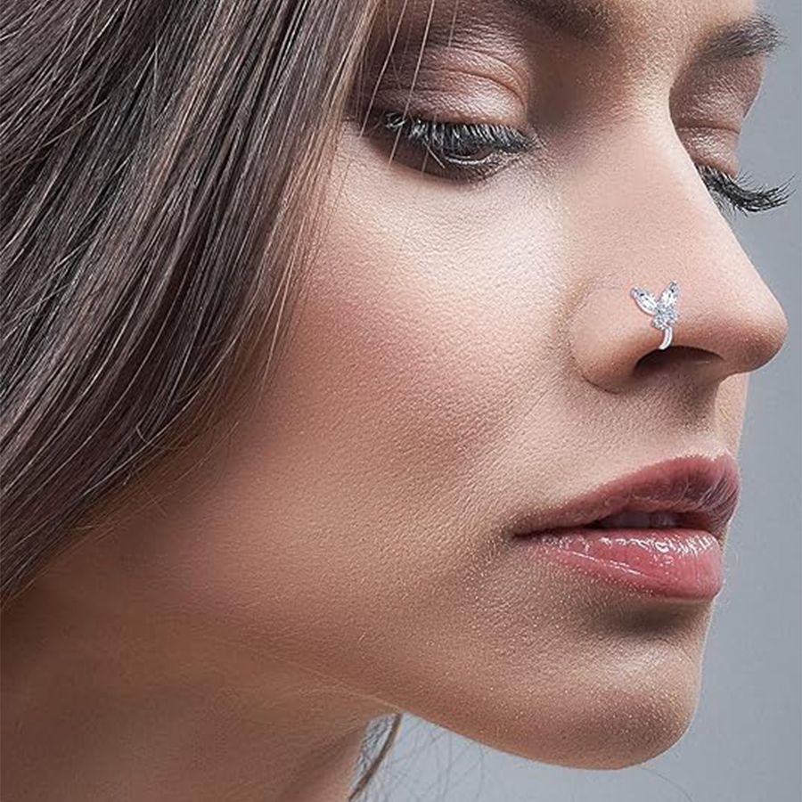 12Pcs Nose Rings Stud L Shape Cubic Zirconia Butterfly Flower Moon Crown Heart Lightning Shape Nose Studs Piercing Jewelry Women Men Silver Plated 20G